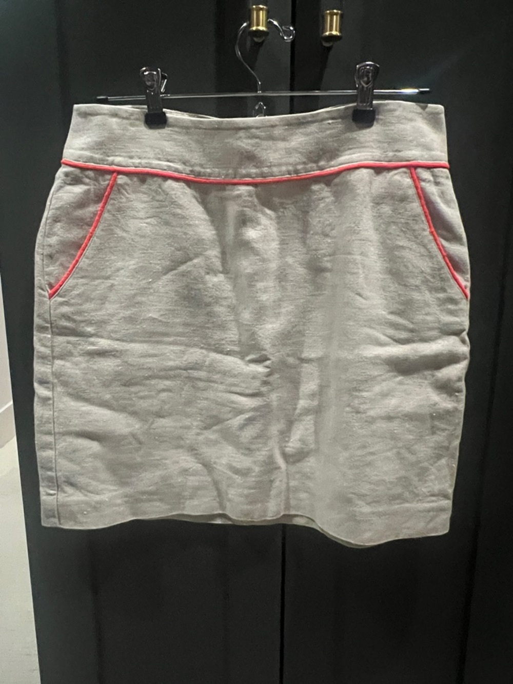 Khaki linen Mini Skirt with bright Coral Trim